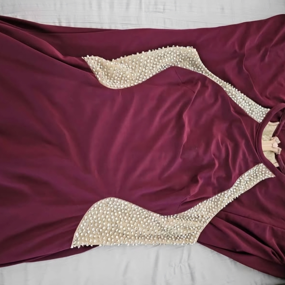 XSCAPE Gown 2 Burgundy Illusion Cutaway High Neck - Picture 6 of 8